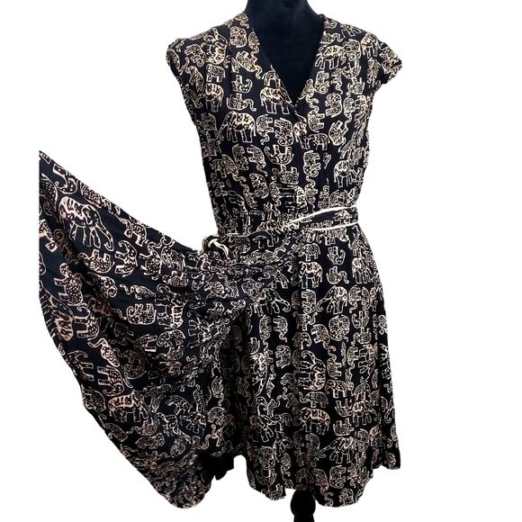 Anthropologie Maeve Black Safari Elephant Print Wrap Dress Size Medium - Picture 1 of 11